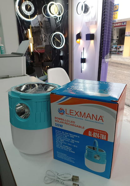 Bombillo Solar Recargable 50W con Linterna Portátil | 4 Modos de Luz + Batería 4800mAh